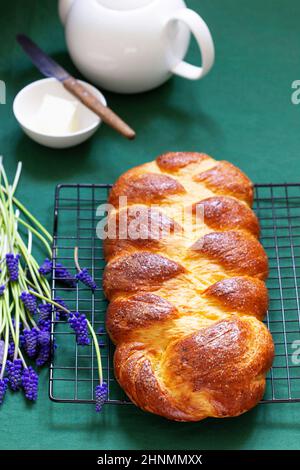 Challah à base de pâte à levure, pain traditionnel de fête. Banque D'Images