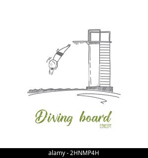 Concept de planche de plongée. Personne tirée à la main sautant du plongeoir dans la piscine. Joyeux plongeur pendant la compétition de natation illustration vectorielle isolée. Banque D'Images