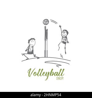 Concept de volley-ball. Des joueurs de volley-ball professionnels dessinés à la main en action sur le terrain. Illustration vectorielle isolée de jeu de volley. Banque D'Images