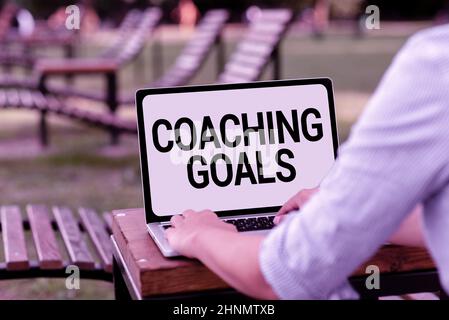 Affiche affichant les objectifs de coaching, mot écrit sur donne aux individus les encourage à assumer la responsabilité des emplois en ligne et de travailler à distance Connectin Banque D'Images