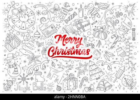 Ensemble de gribouilles de Noël dessinées à la main avec inscription rouge Banque D'Images