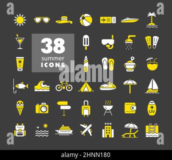 Icônes vectorielles d'été définies sur fond sombre. Affiche d'été. Symbole graphique pour la conception, le logo, l'application, l'interface utilisateur du site Web et des applications de voyage et de tourisme Banque D'Images