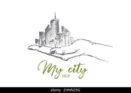 Vector dessiné à la main mon dessin de concept de ville. Partie de la grande ville avec des gratte-ciels et des arbres dans la main humaine. Lettrage du concept Ma ville Banque D'Images