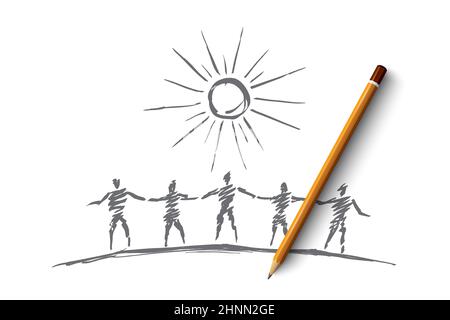 Croquis de concept d'équipe vectorisé à la main et crayon dessus. Silhouettes de personnes debout et tenant les mains les unes des autres sous le Soleil Banque D'Images