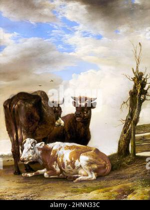 Deux vaches et un jeune taureau à côté d'une clôture dans un pré par Paulus Potter (1625-1654 ), huile sur panneau, 1647 Banque D'Images