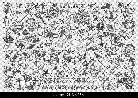 Ensemble de tatoo Doodle. Collection d'esquisses dessinées à la main modèles motifs de l'encre peau corps dessins fleurs crânes texte sur fond transparent. Fashio Banque D'Images
