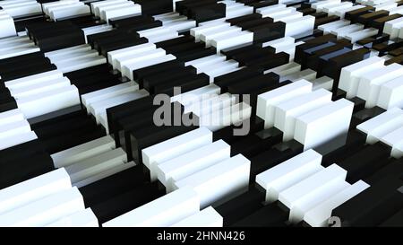 Construction géométrique 3d rendu des briques avec découpes longitudinales. Paroi abstraite de cubes en mouvement aléatoire. Minimalisme architectural futuriste fabriqué à partir de r Banque D'Images