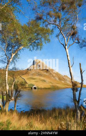Peinture numérique de la montagne Cefn-hir et du lac Cregennan pendant l'automne dans le parc national de Snowdonia, Dolgellau, pays de Galles, Royaume-Uni. Banque D'Images