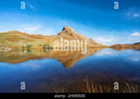 Peinture numérique de la montagne Cefn-hir et du lac Cregennan pendant l'automne dans le parc national de Snowdonia, Dolgellau, pays de Galles, Royaume-Uni. Banque D'Images