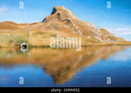 Peinture numérique de la montagne Cefn-hir et du lac Cregennan pendant l'automne dans le parc national de Snowdonia, Dolgellau, pays de Galles, Royaume-Uni. Banque D'Images