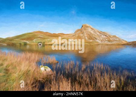Peinture numérique de la montagne Cefn-hir et du lac Cregennan pendant l'automne dans le parc national de Snowdonia, Dolgellau, pays de Galles, Royaume-Uni. Banque D'Images
