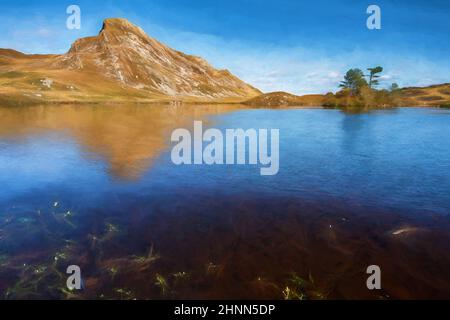 Peinture numérique de la montagne Cefn-hir et du lac Cregennan pendant l'automne dans le parc national de Snowdonia, Dolgellau, pays de Galles, Royaume-Uni. Banque D'Images