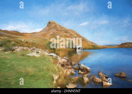 Peinture numérique de la montagne Cefn-hir et du lac Cregennan pendant l'automne dans le parc national de Snowdonia, Dolgellau, pays de Galles, Royaume-Uni. Banque D'Images