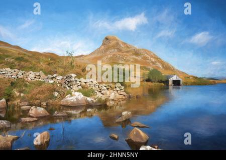 Peinture numérique de la montagne Cefn-hir et du lac Cregennan pendant l'automne dans le parc national de Snowdonia, Dolgellau, pays de Galles, Royaume-Uni. Banque D'Images