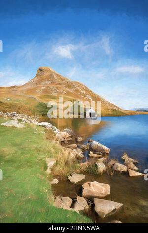 Peinture numérique de la montagne Cefn-hir et du lac Cregennan pendant l'automne dans le parc national de Snowdonia, Dolgellau, pays de Galles, Royaume-Uni. Banque D'Images