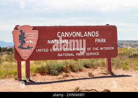 Moab, États-Unis - 31 juillet 2015 : panneau d'entrée pour le parc national de Canyonlands près de Moab, États-Unis. Banque D'Images