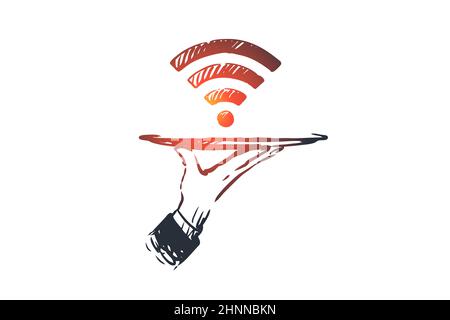 Fournisseur, wi-fi, Internet, réseau, concept d'accès. Symbole dessiné à la main du schéma du concept de signal wi-fi. Illustration vectorielle isolée. Banque D'Images