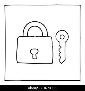 Touche Doodle et icône de cadenas ou logo, dessiné à la main avec une fine ligne noire. Élément de conception graphique isolé sur fond blanc. Illustration vectorielle Banque D'Images