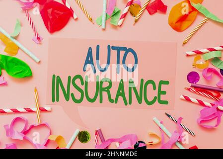 Inspiration montrant signe assurance auto, mot pour la protection contre la perte financière en cas d'accident coloré Party Collections flashy Celebration Banque D'Images