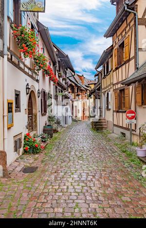 Petite route pittoresque avec maisons à colombages dans le village historique d'Eguisheim en Alsace Banque D'Images