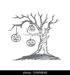 Dessin de concept d'Halloween dessiné à la main par un vecteur. Trois citrouilles aux visages humains effrayants accrochées à de vieux brindilles d'arbre sec macabre Banque D'Images