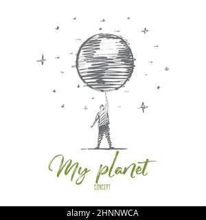 Dessin vectoriel de concept de Ma planète dessiné à la main. Grand globe tournant sur les mans main levée, étoiles à l'arrière-plan. Lettrage du concept My Planet Banque D'Images