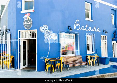 Bâtiment Blue Batavia café à Bo-Kaap au Cap. Banque D'Images