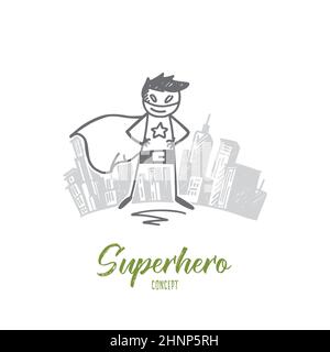 Dessin vectoriel du concept de super-héros dessiné à la main. Superman debout en costume spécial, grande ville à l'arrière-plan Banque D'Images