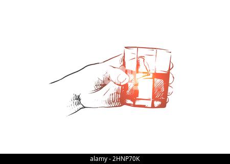 Concept du temps de boire. Personnes dessinées à la main avec un verre de whisky. Main mâle avec photo de rhum, whisky ou illustration vectorielle isolée cognac. Banque D'Images