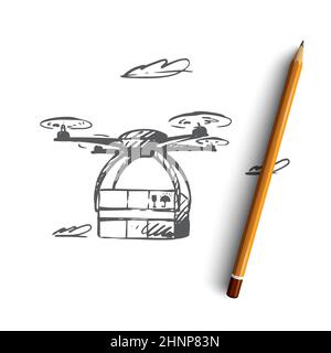 Drone, livraison, boîte, technologie, concept de transport. Kit de transport dessiné à la main avec dessin de concept de drone. Illustration vectorielle isolée. Banque D'Images