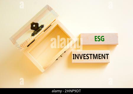 Symbole d'investissement de gouvernance sociale environnementale ESG. Concept mots ESG investissement sur blocs sur un magnifique fond blanc. Poitrine en bois empthy. Unité commerciale Banque D'Images