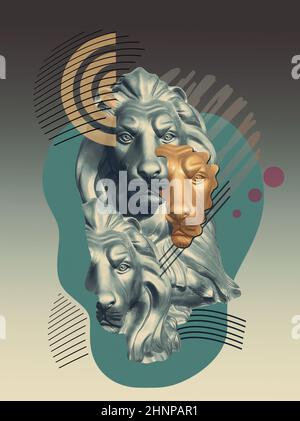 Collage avec lion dans un style pop art. Concept moderne et créatif avec statue ancienne. Banque D'Images