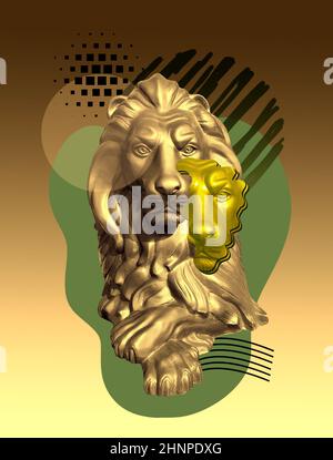 Collage avec lion dans un style pop art. Concept moderne et créatif avec statue ancienne. Banque D'Images