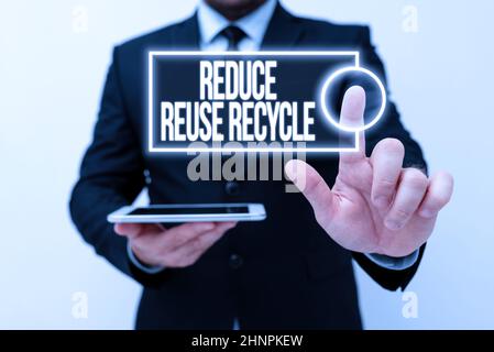 Affiche de texte montrant réduire la réutilisation recyclage, mot pour un comportement responsable du consommateur environnementalePrésentation de nouvelles idées de technologie discuter de technologie Banque D'Images