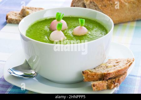 Soupe de pois verts frais radis avec arrangé avec du pain brun Banque D'Images