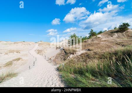 Ciel bleu avec quelques nuages sur sentier à travers les dunes de sable Banque D'Images