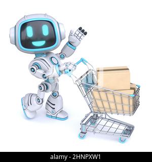 Mignon robot bleu pousser panier 3D rendu illustration isolée sur fond blanc Banque D'Images