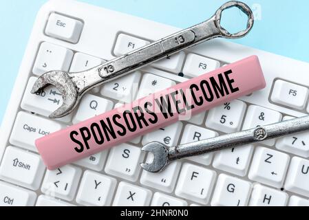 Inspiration montrant le signe sponsors Bienvenue. Concept Internet annonçant que vous acceptez d'investir dans votre entreprise création d'un nouveau guide de programmation, saisie des codes source du programme Banque D'Images