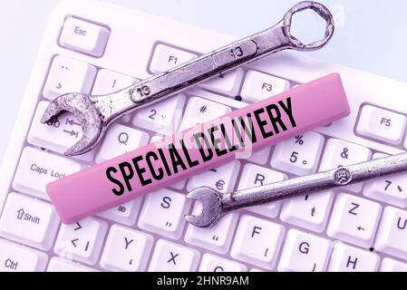 Texte d'écriture livraison spéciale. Concept d'affaires obtenir des produits ou des services directement à votre domicile n'importe où création d'un nouveau guide de programmation, en tapant les codes source du programme Banque D'Images