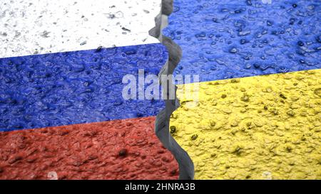 Conflit entre la Russie et l'Ukraine concept. Drapeau russe et ukrainien sur une illustration de fond en béton fissuré Banque D'Images