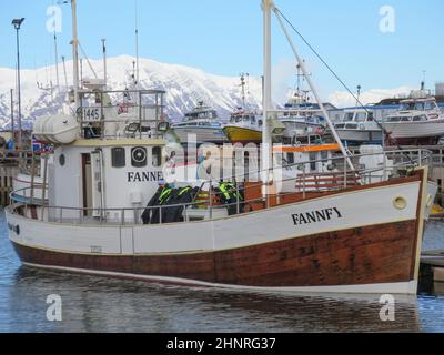 port avec centre d'observation des baleines à Husavi­k, une ville de la municipalité de Norduping sur la côte nord de l'Islande Banque D'Images