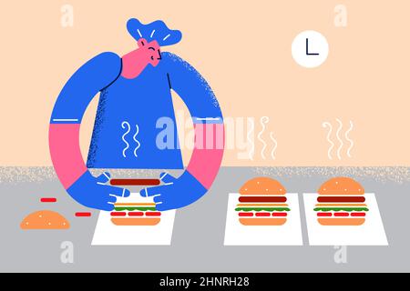 Concept de travail rapide de la restauration. Jeune homme en uniforme de cuisson sur pied hamburgers dans le restaurant fast food préparation de la malbouffe illustration vectorielle de la cuisine Banque D'Images