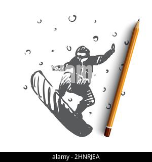 Snowboard, hiver, sport, vitesse, concept extrême. Homme dessiné à la main sur le surf des neiges, dessin de concept de sport d'hiver. Illustration vectorielle isolée. Banque D'Images