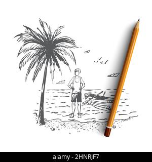 Plage, Australie, été, océan, concept de vacances. Homme dessiné à la main avec un bateau sur la plage en Australie croquis de concept. Illustration vectorielle isolée. Banque D'Images