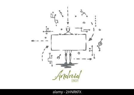 Technologie, robot, schéma, android, concept de données. Robot dessiné à la main avec schéma d'écran et adroïde. Illustration vectorielle isolée. Banque D'Images