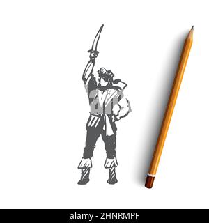 Homme, pirate, costume, capitaine concept. Homme dessiné à la main en costume de dessin de concept de pirate. Illustration vectorielle isolée. Banque D'Images