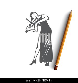 Violon, classique, musique, femme, concept de concert. Femme dessinée à la main jouant sur le dessin de concept de violon. Illustration vectorielle isolée. Banque D'Images