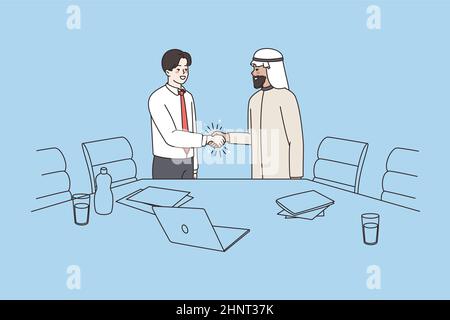 Les partenaires d'affaires multiraciaux clients se bousculer après avoir réussi la négociation de réunion au bureau. Souriant, hommes d'affaires multiethniques arabes et caucasiens ha Banque D'Images