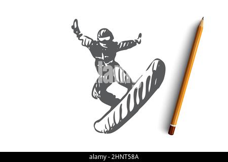 Snowboard, sport, hiver, extrême, froid concept. Dessin du concept d'homme dessiné à la main sur le snowboard. Illustration vectorielle isolée. Banque D'Images