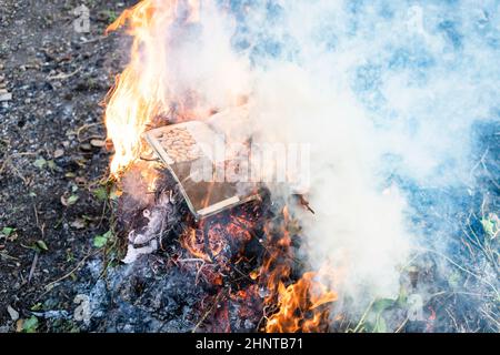 magazine alimentaire brûlant dans le feu sur pile de tiges coupées Banque D'Images